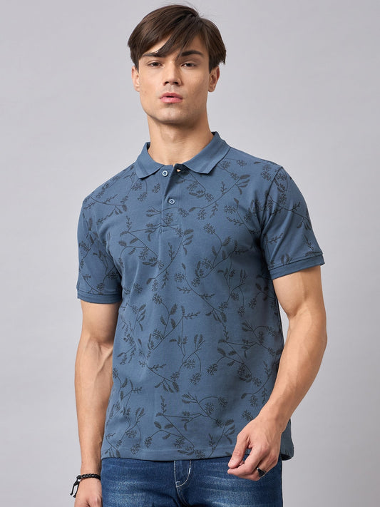 Men Printed Cotton Blue Polo T-Shirts