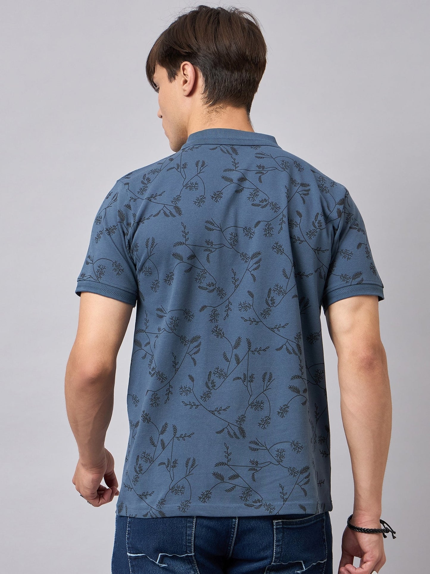 Men Printed Cotton Blue Polo T-Shirts