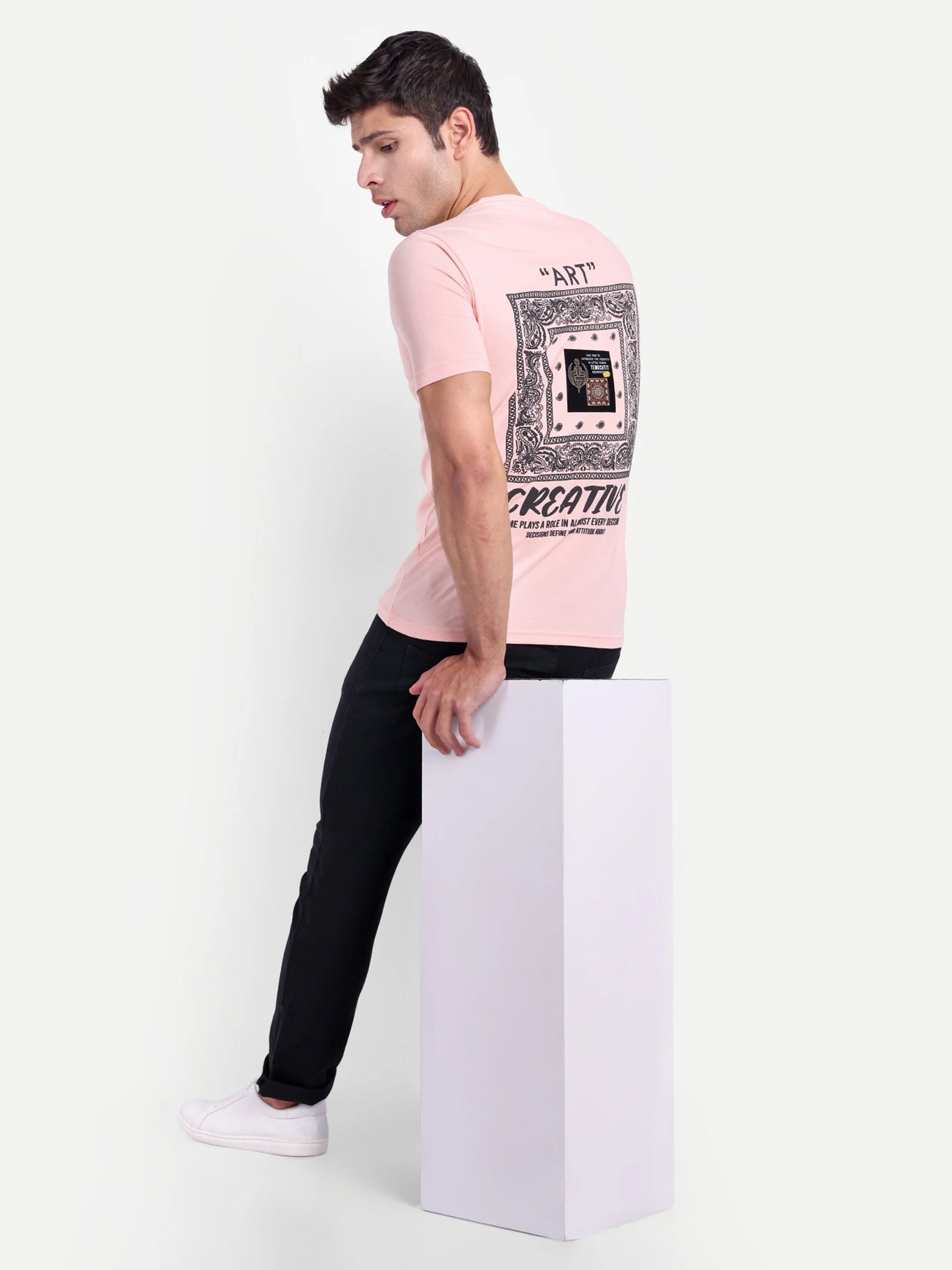 Men Printed Round Neck T-Shirt Peach