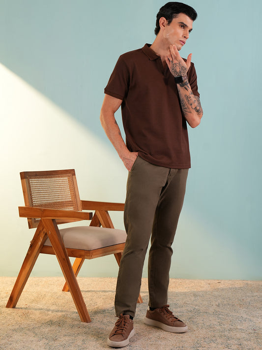 Men Textured Brown Polo Front Open T-Shirt - Reprise