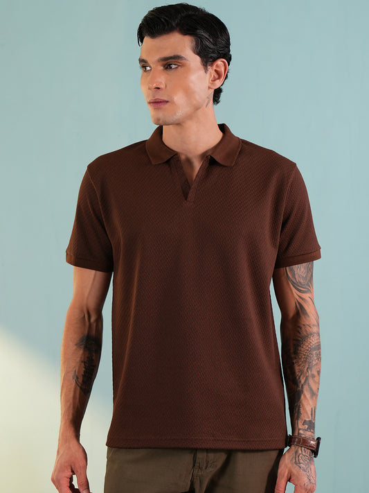 Men Textured Brown Polo Front Open T-Shirt - Reprise