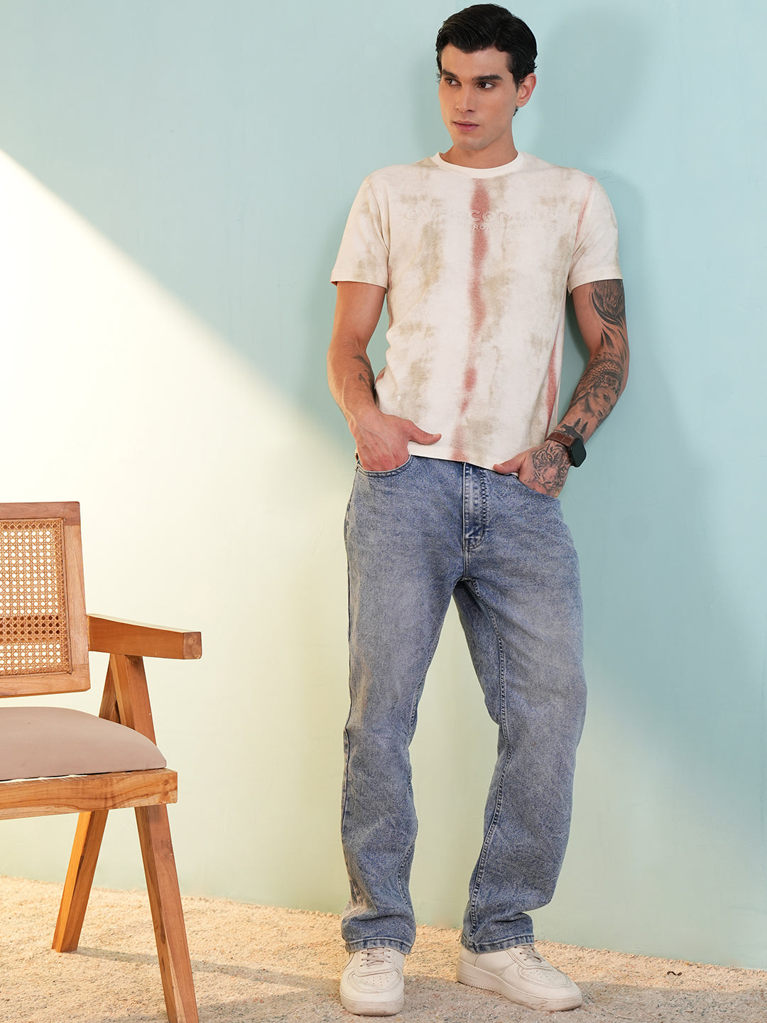 Men Printed Round Neck T-shirt Cream - Reprise
