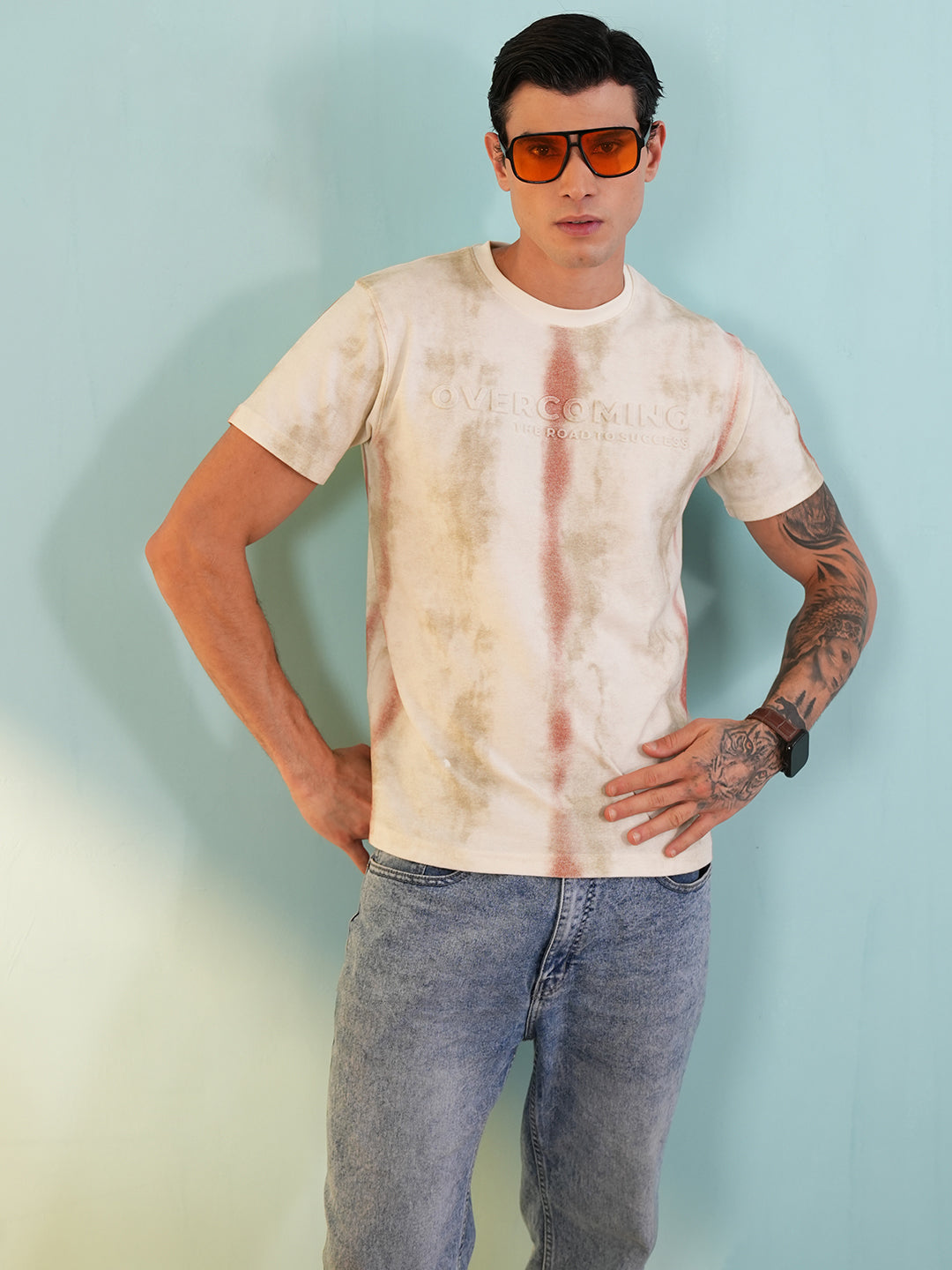 Men Printed Round Neck T-shirt Cream - Reprise