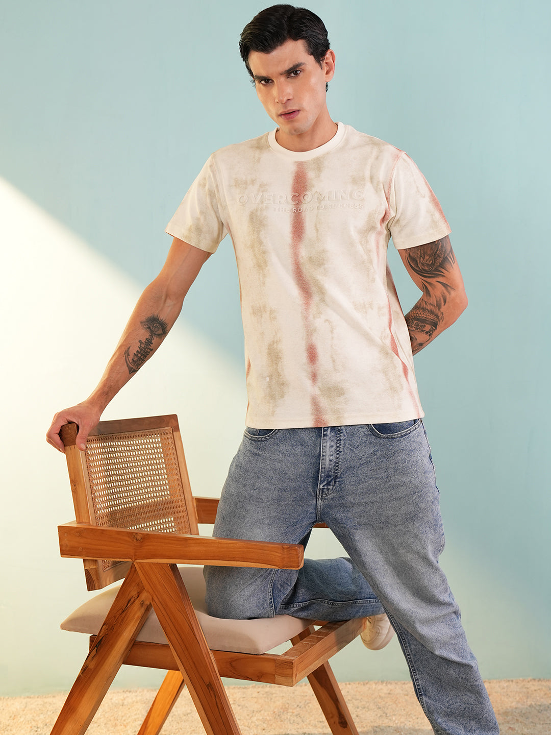 Men Printed Round Neck T-shirt Cream - Reprise