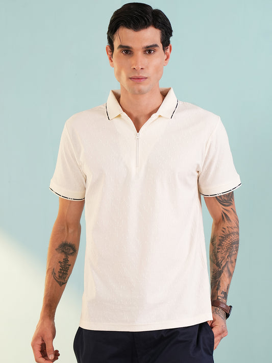 Men Textured White Zip Polo T-Shirt - Reprise