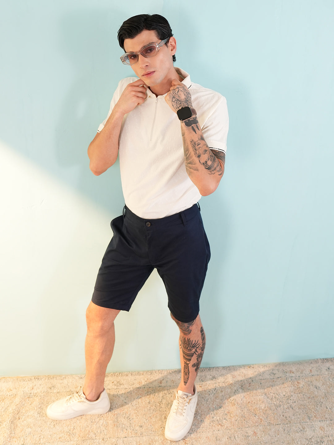 Men Textured White Zip Polo T-Shirt - Reprise