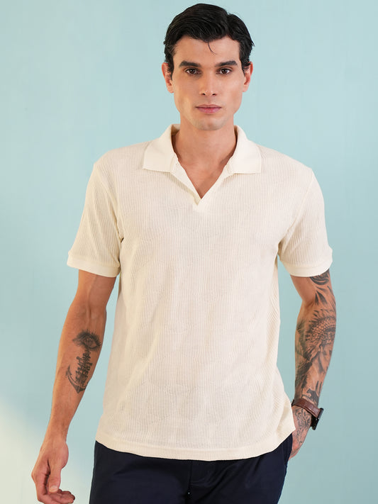 Men Textured White Polo Front Open T-Shirt - Reprise