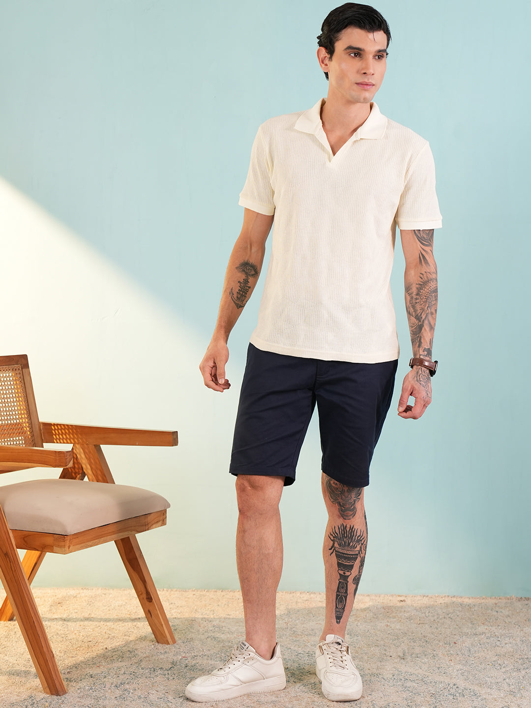 Men Textured White Polo Front Open T-Shirt - Reprise