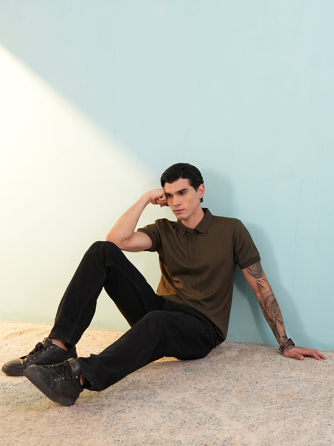 Men Textured Dark Brown Polo T-Shirt - Reprise