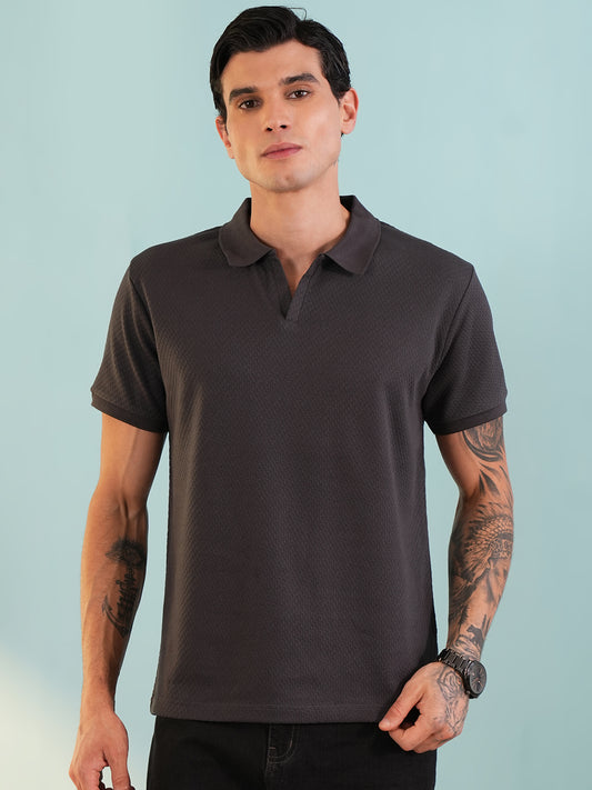 Men Textured Grey Polo Front Open T-Shirt - Reprise