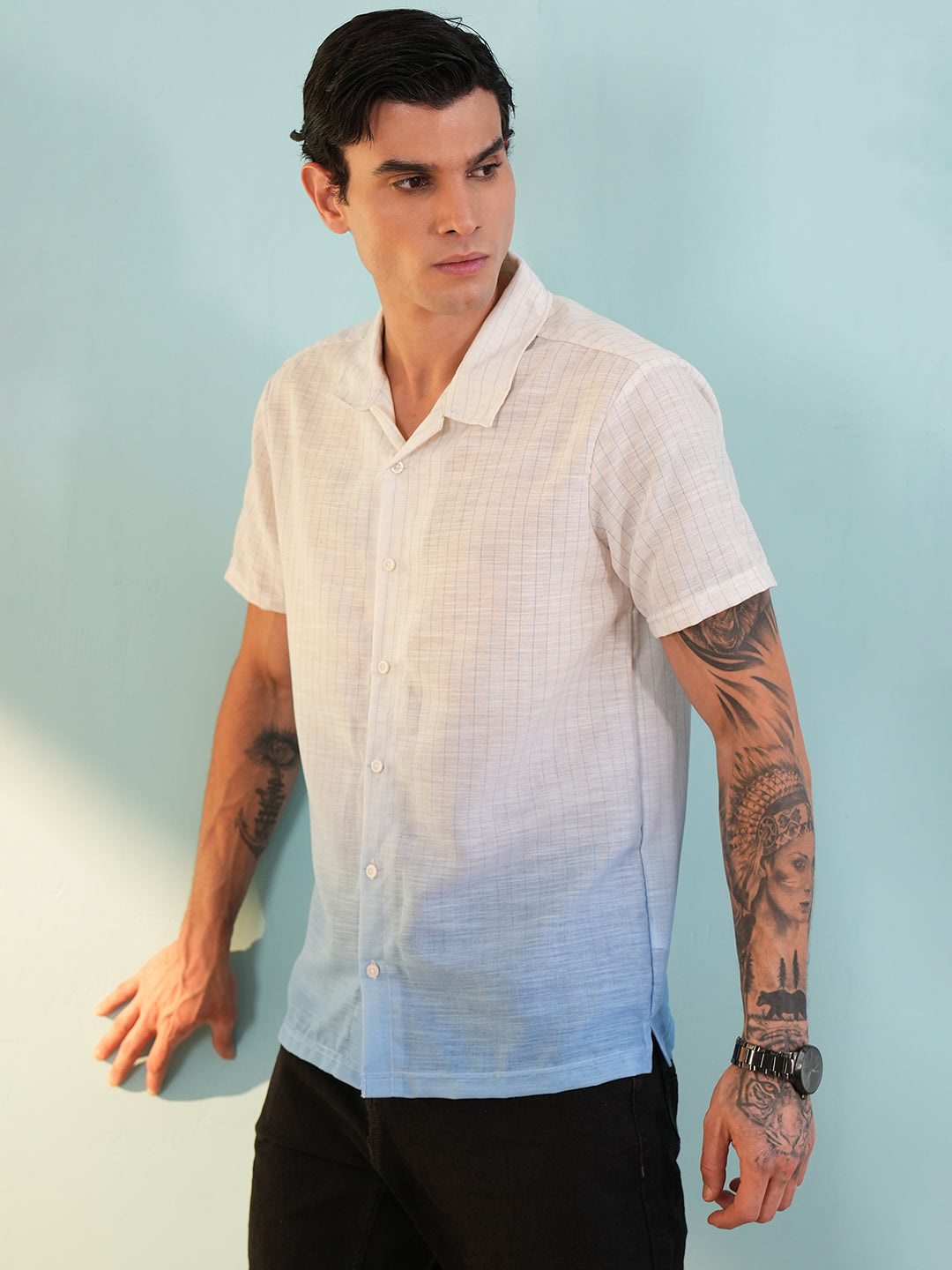 Men Regular Fit Spread Collar Shirt Sky Blue - Reprise