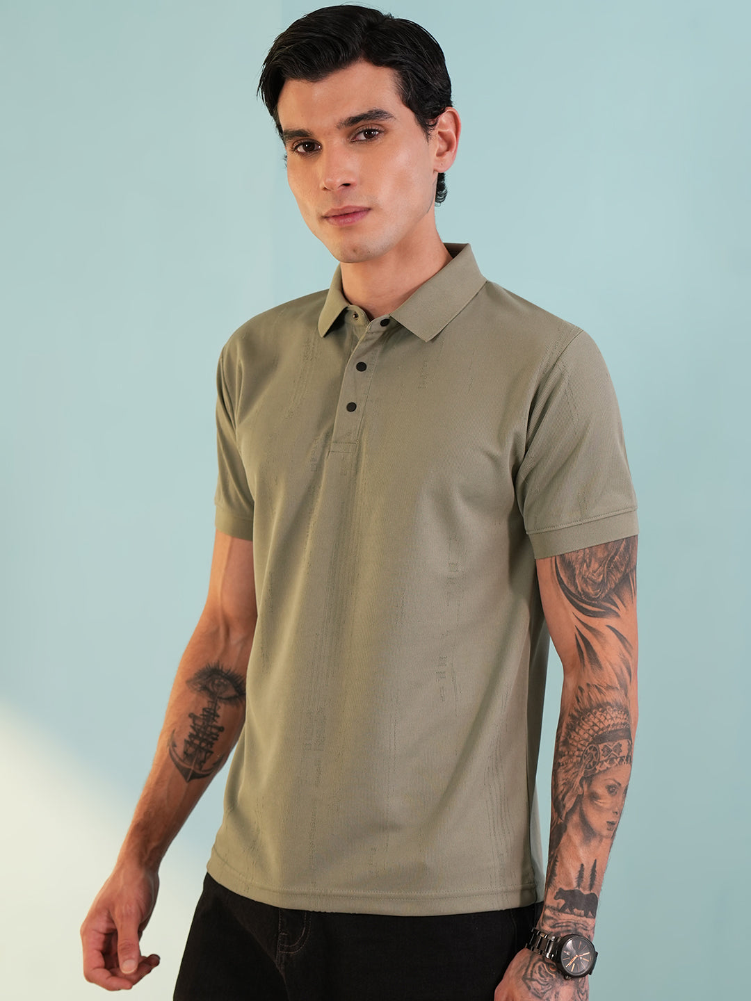 Men Textured Olive Polo T-Shirt - Reprise