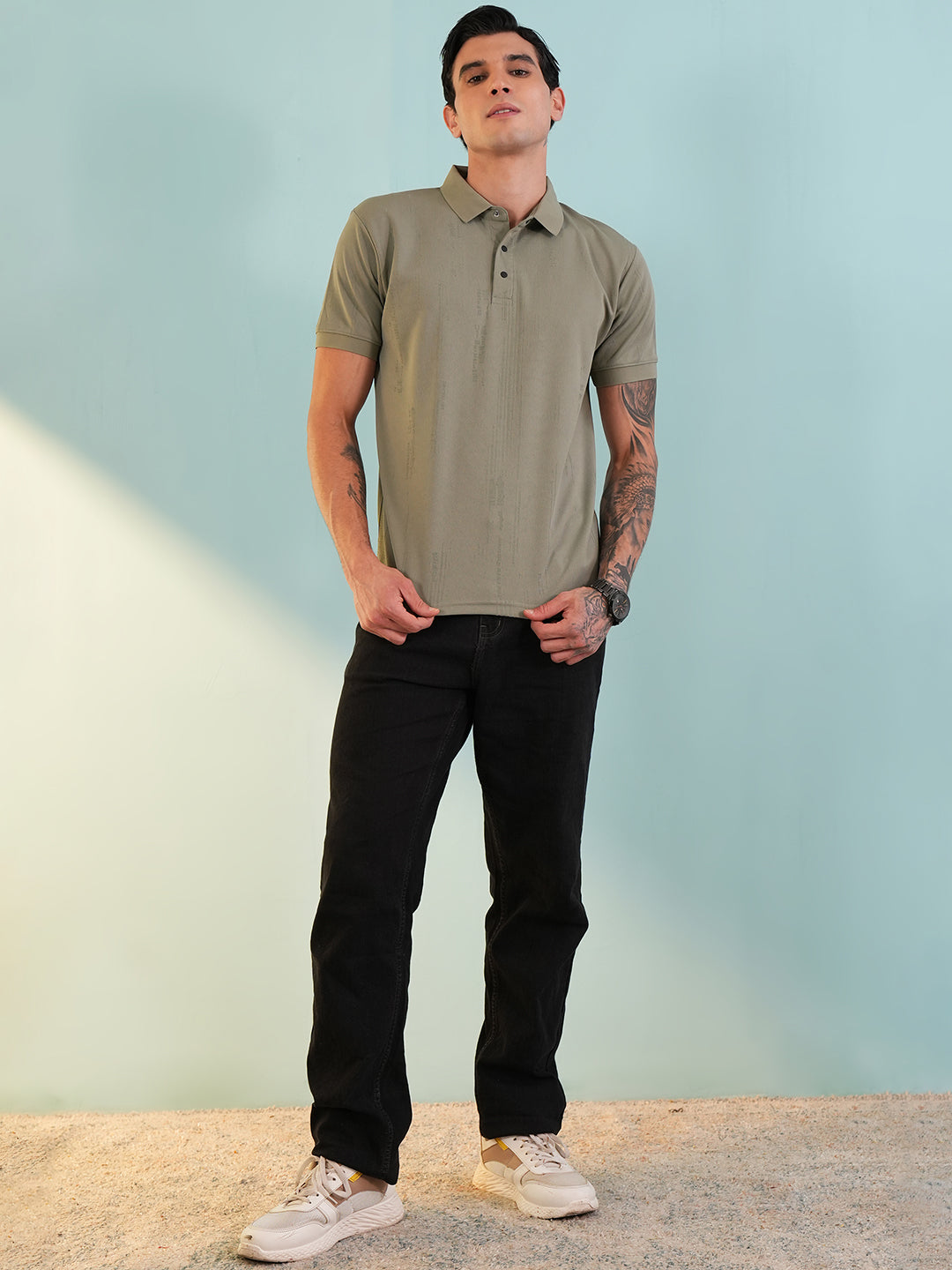 Men Textured Olive Polo T-Shirt - Reprise