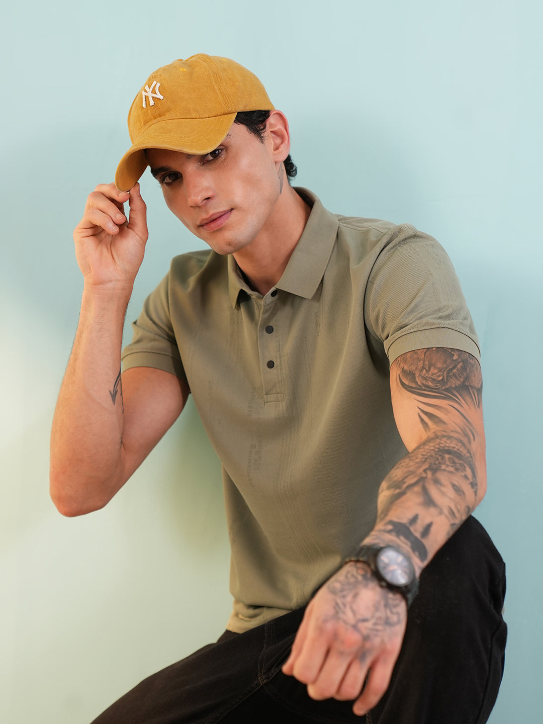 Men Textured Olive Polo T-Shirt - Reprise