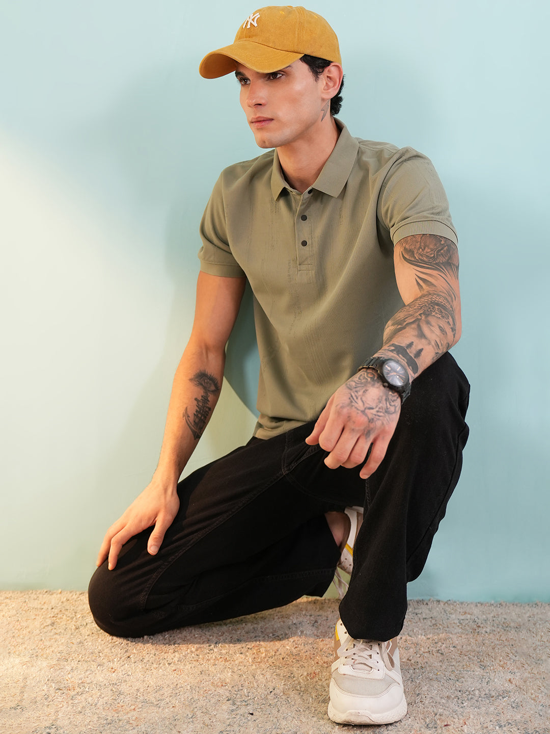 Men Textured Olive Polo T-Shirt - Reprise