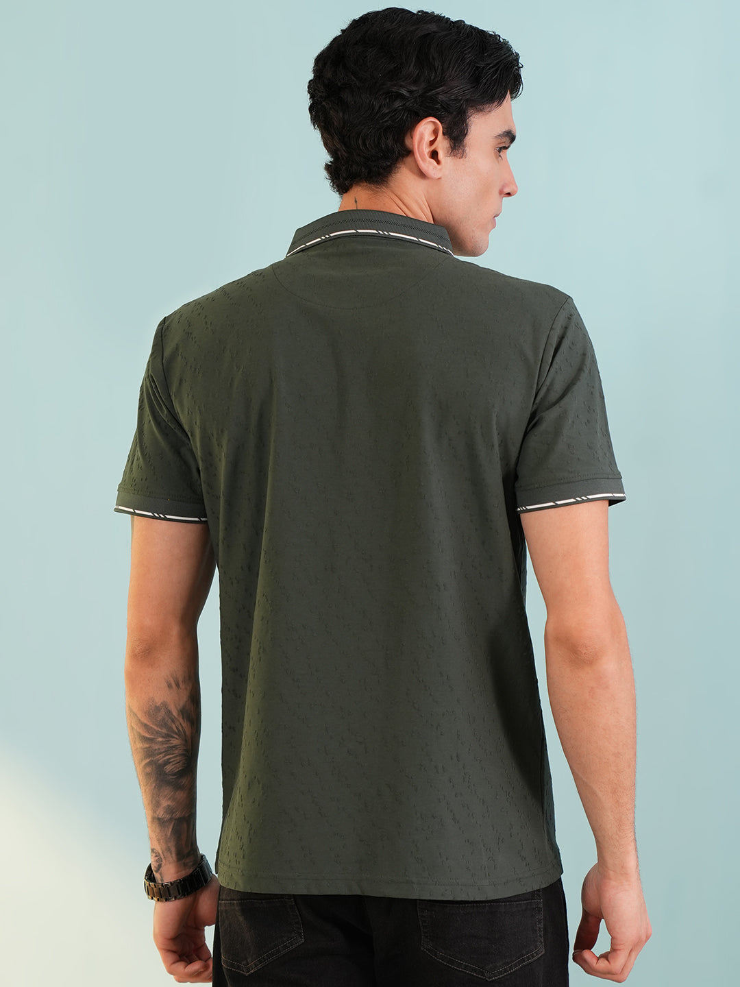Men Textured Bottle Green Zip Polo T-Shirt - Reprise