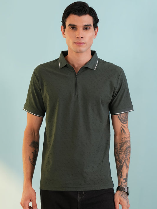 Men Textured Bottle Green Zip Polo T-Shirt - Reprise