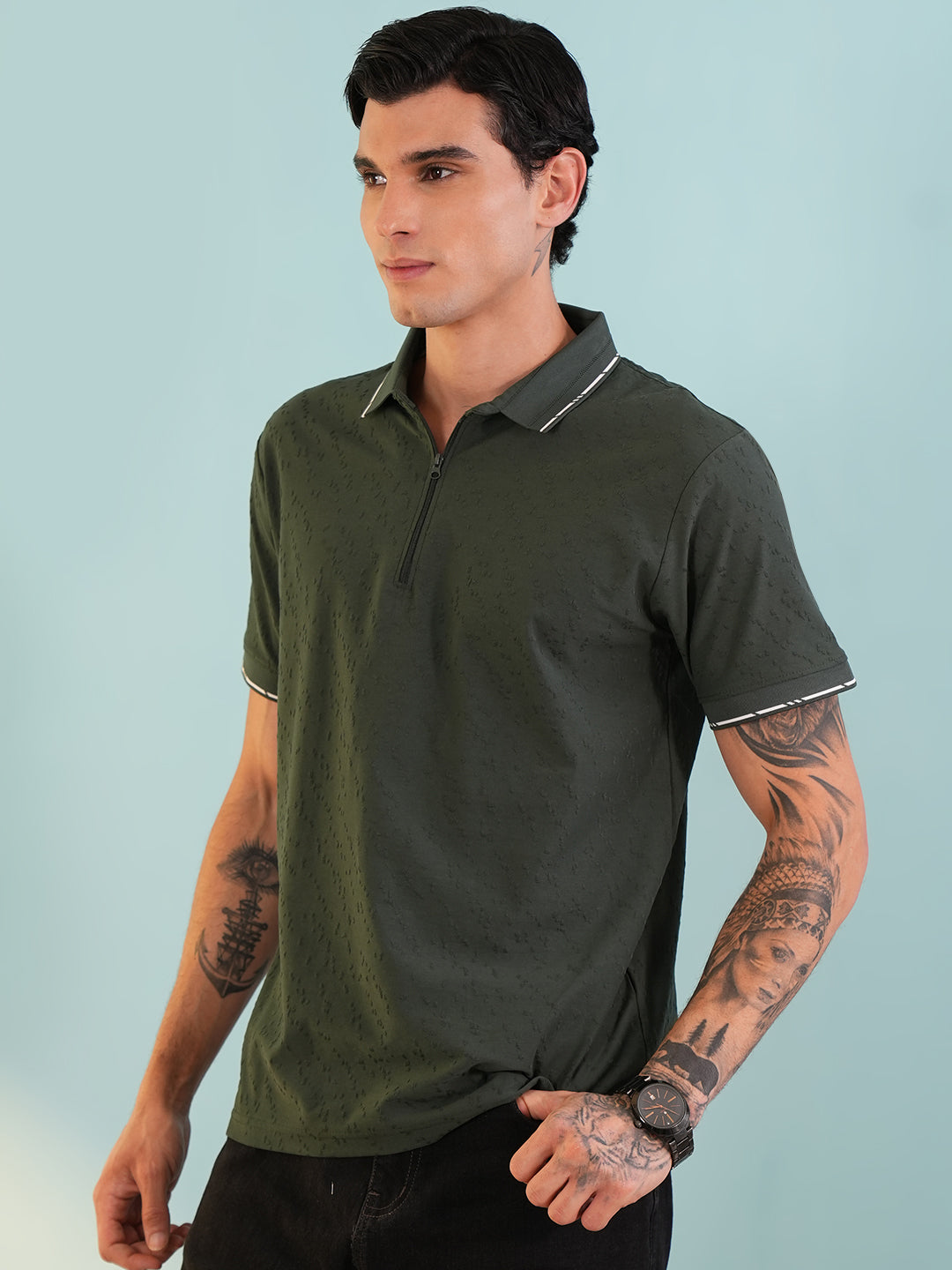 Men Textured Bottle Green Zip Polo T-Shirt - Reprise