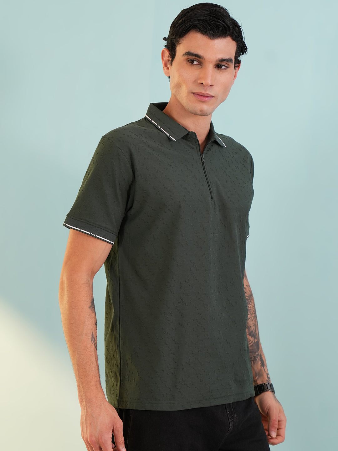 Men Textured Bottle Green Zip Polo T-Shirt - Reprise
