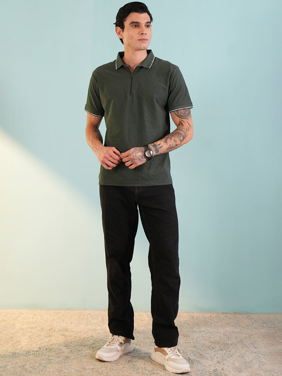 Men Textured Bottle Green Zip Polo T-Shirt - Reprise