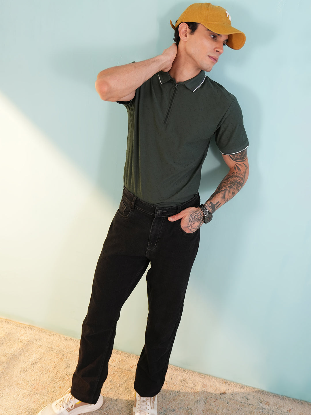 Men Textured Bottle Green Zip Polo T-Shirt - Reprise