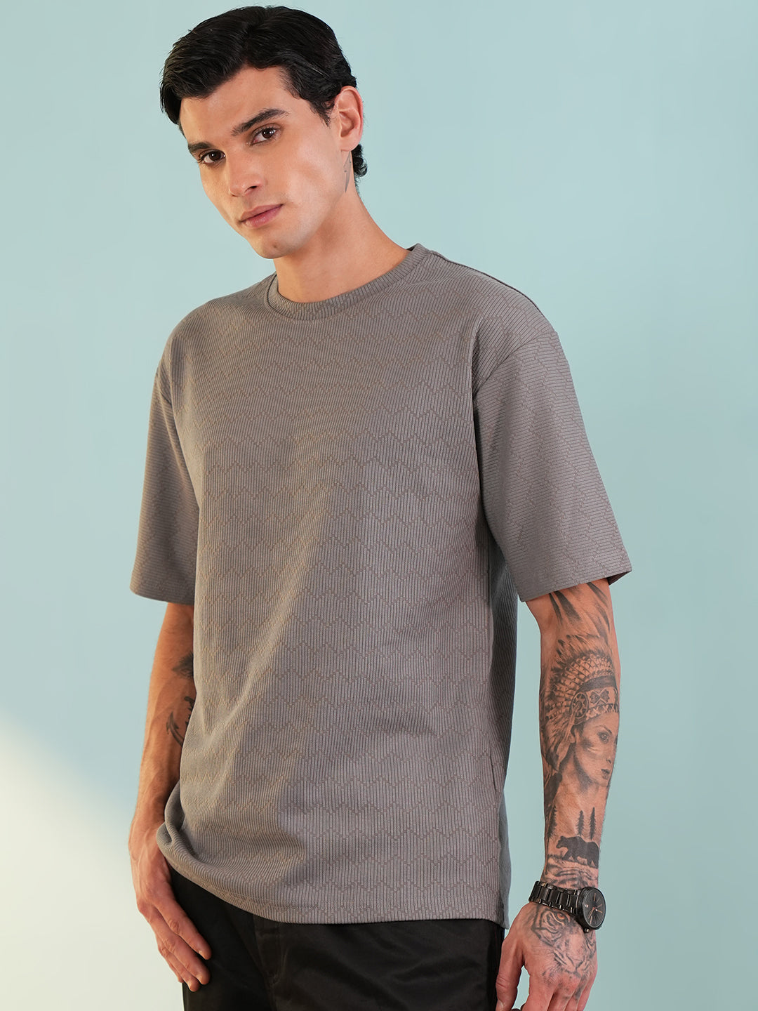 Men Oversized Printed Round Neck Drop Shoulder T-shirt Grey - Reprise