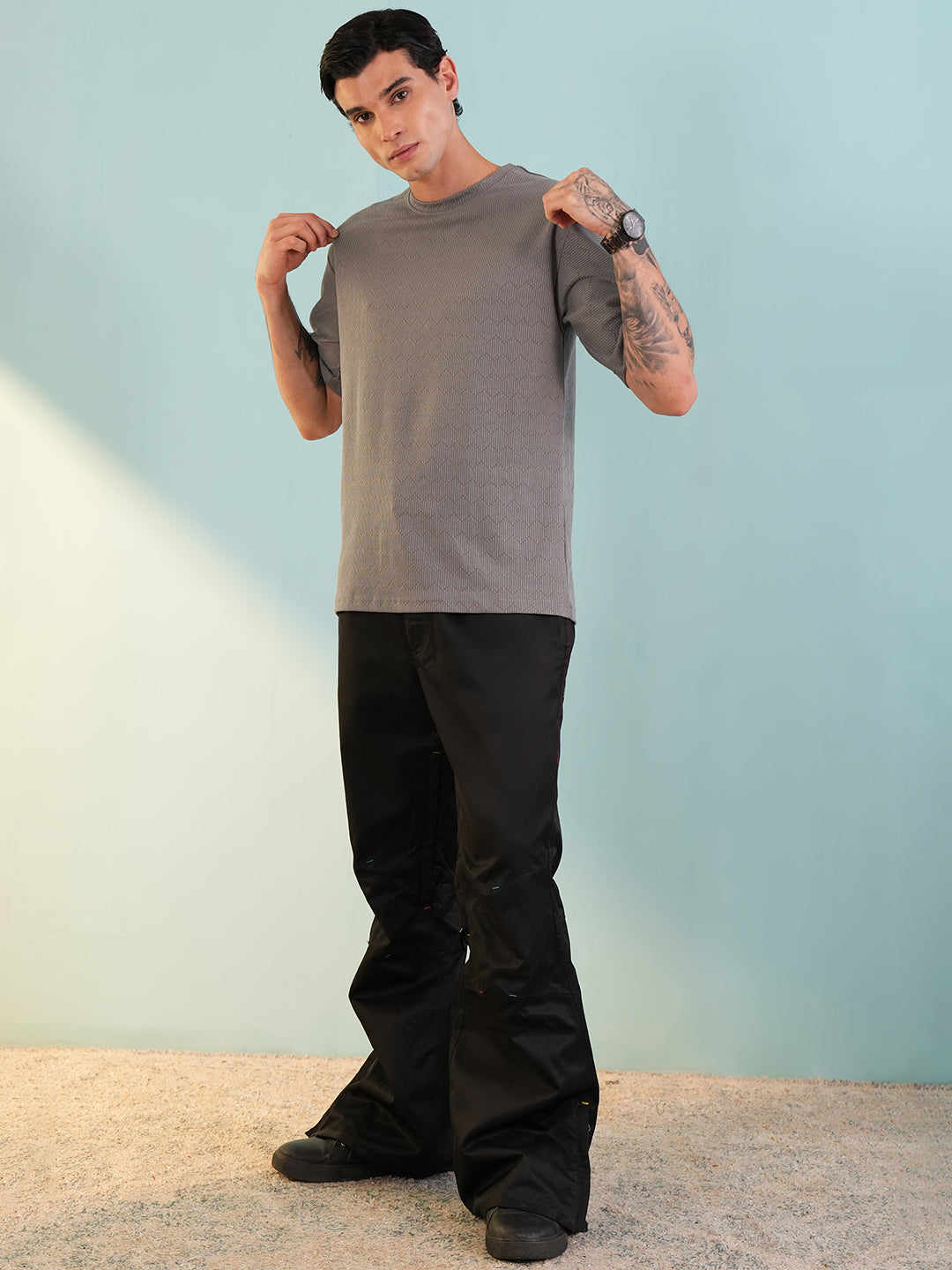 Men Oversized Printed Round Neck Drop Shoulder T-shirt Grey - Reprise