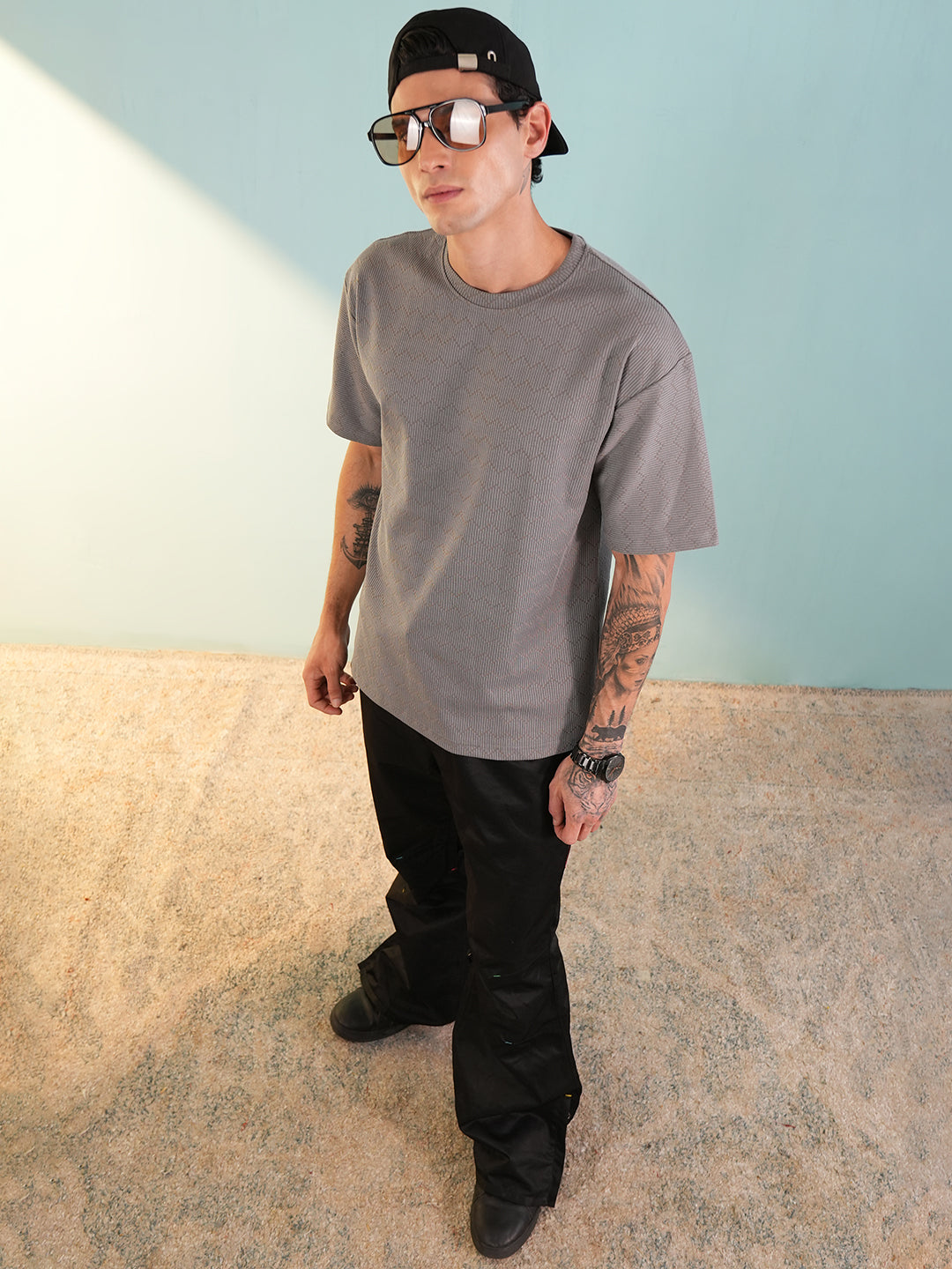 Men Oversized Printed Round Neck Drop Shoulder T-shirt Grey - Reprise