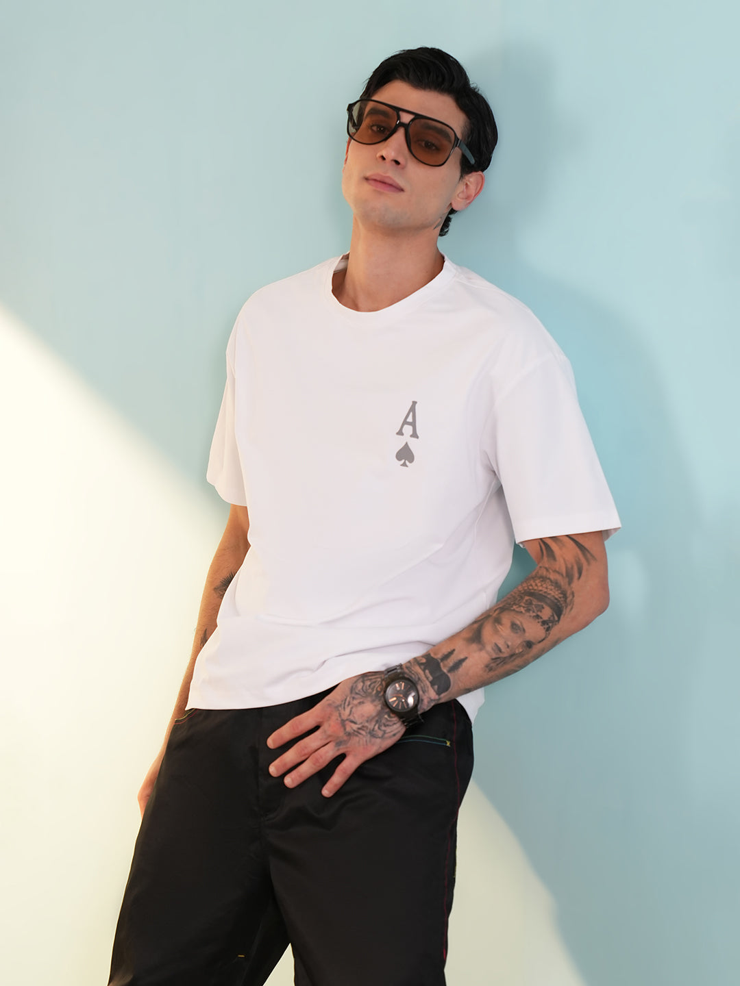 Men Oversized Printed Round Neck Drop Shoulder T-shirt White - Reprise