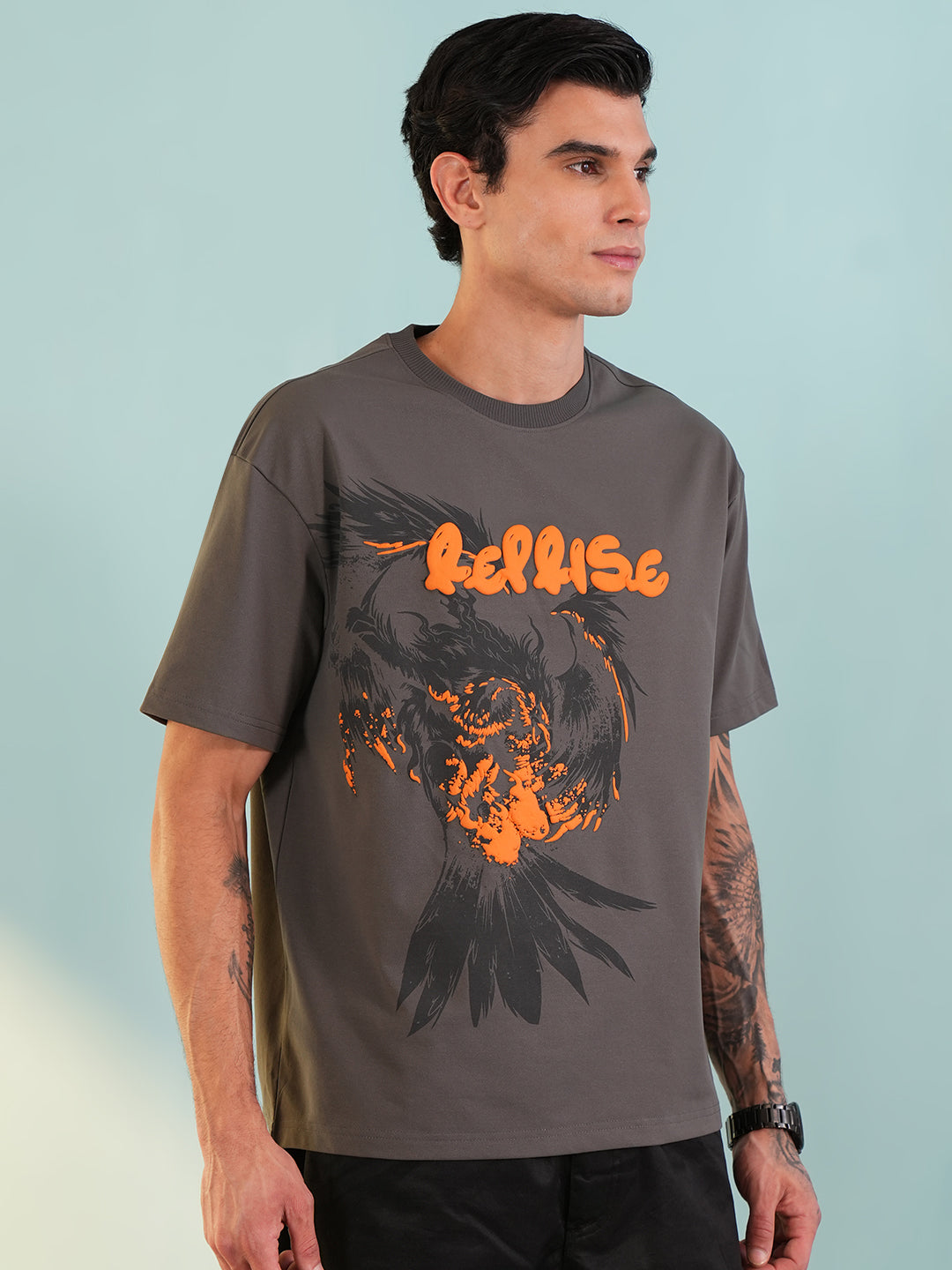 Men Oversized Printed Round Neck Drop Shoulder T-shirt Grey - Reprise