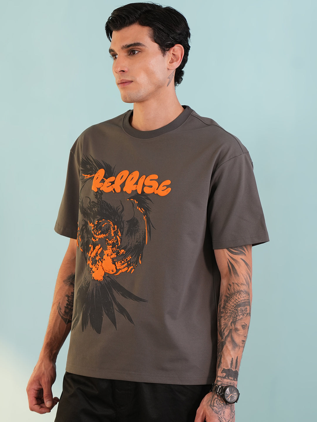 Men Oversized Printed Round Neck Drop Shoulder T-shirt Grey - Reprise
