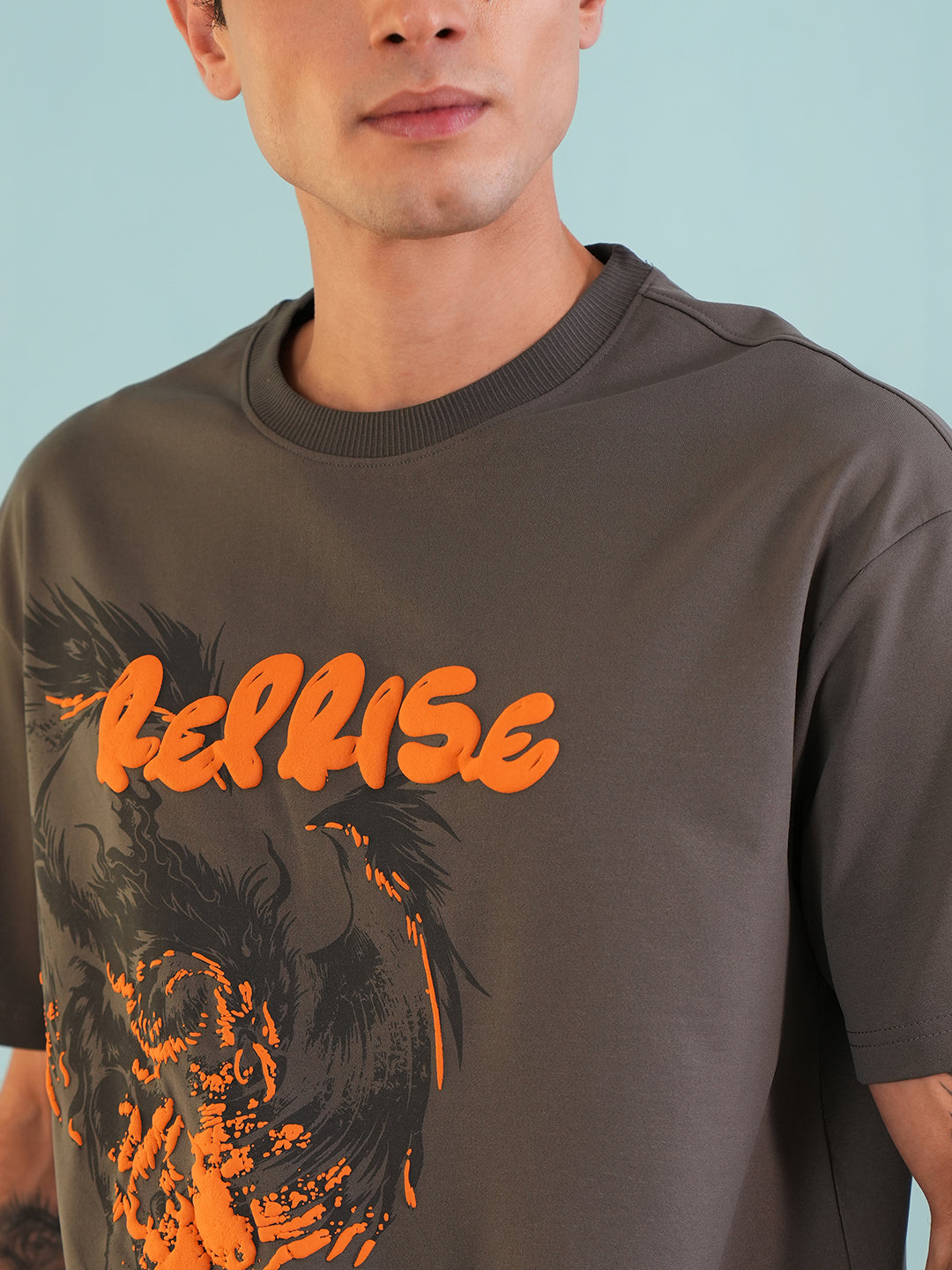 Men Oversized Printed Round Neck Drop Shoulder T-shirt Grey - Reprise