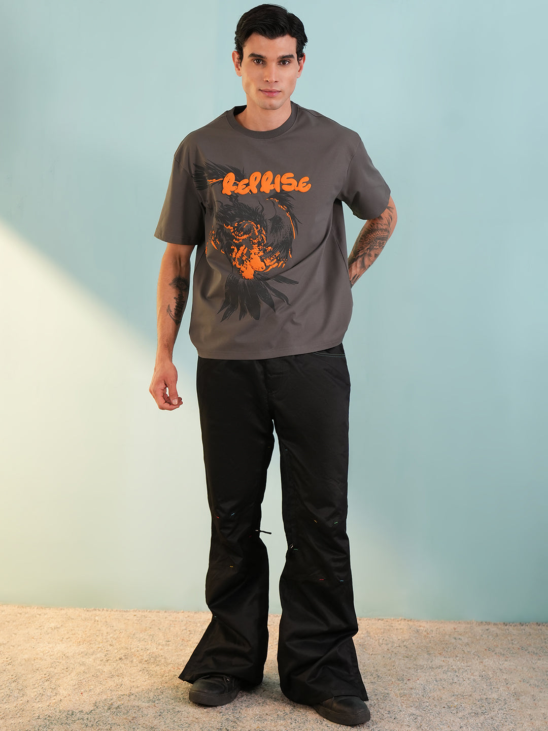 Men Oversized Printed Round Neck Drop Shoulder T-shirt Grey - Reprise