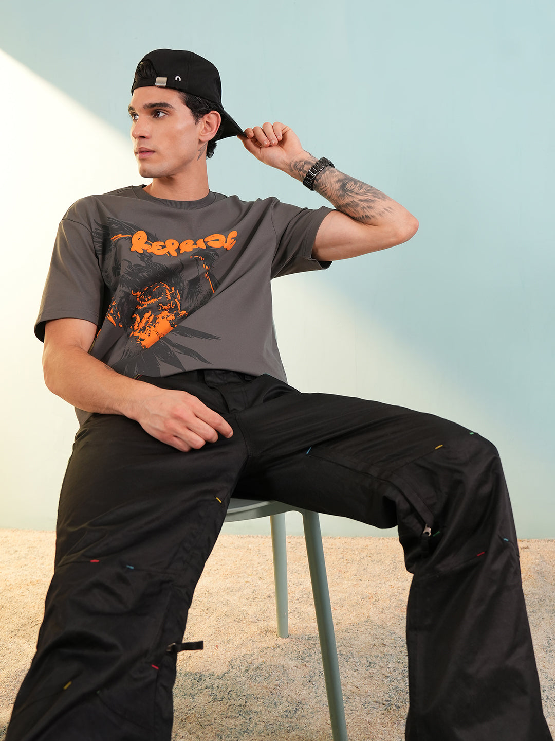 Men Oversized Printed Round Neck Drop Shoulder T-shirt Grey - Reprise