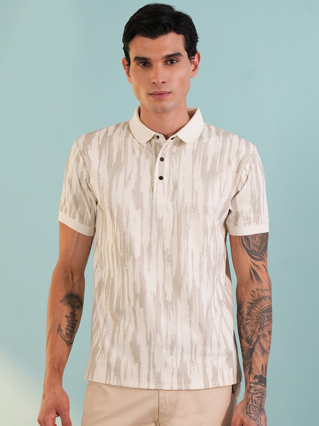 Men Textured Beige Polo T-Shirt - Reprise