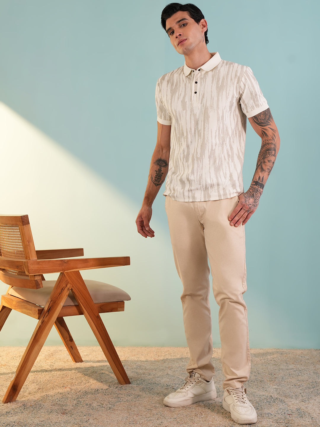 Men Textured Beige Polo T-Shirt - Reprise