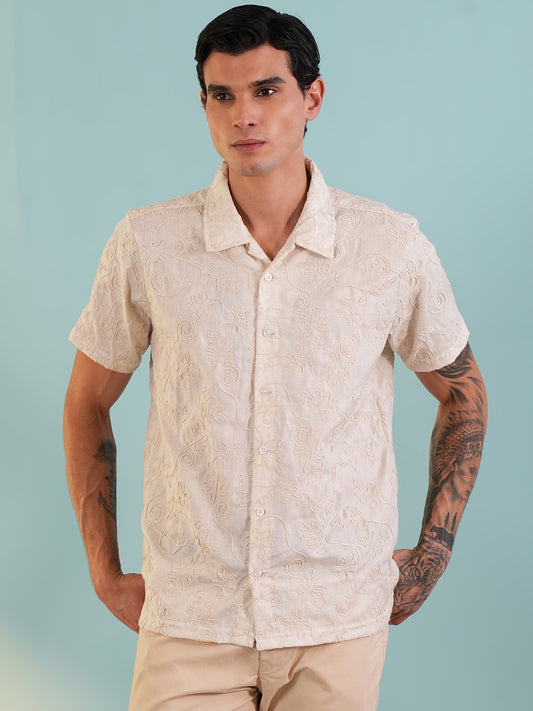 Men Regular Fit Spread Collar Emboridery Shirt White - Reprise