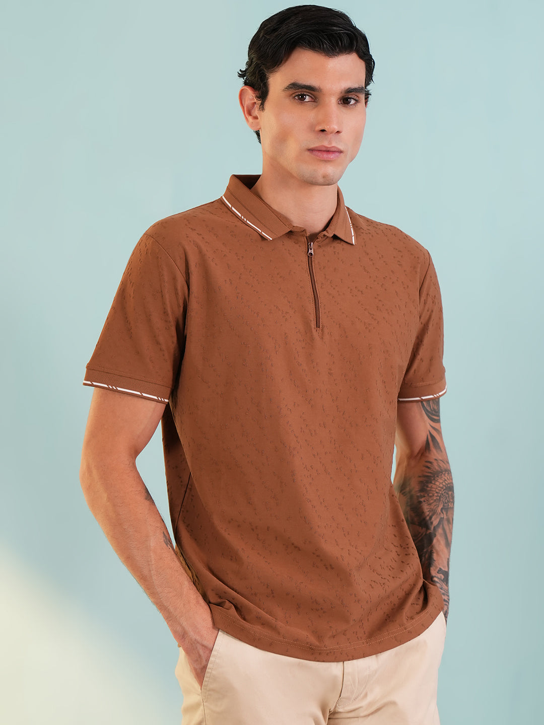 Men Textured Rust Zip Polo T-Shirt - Reprise