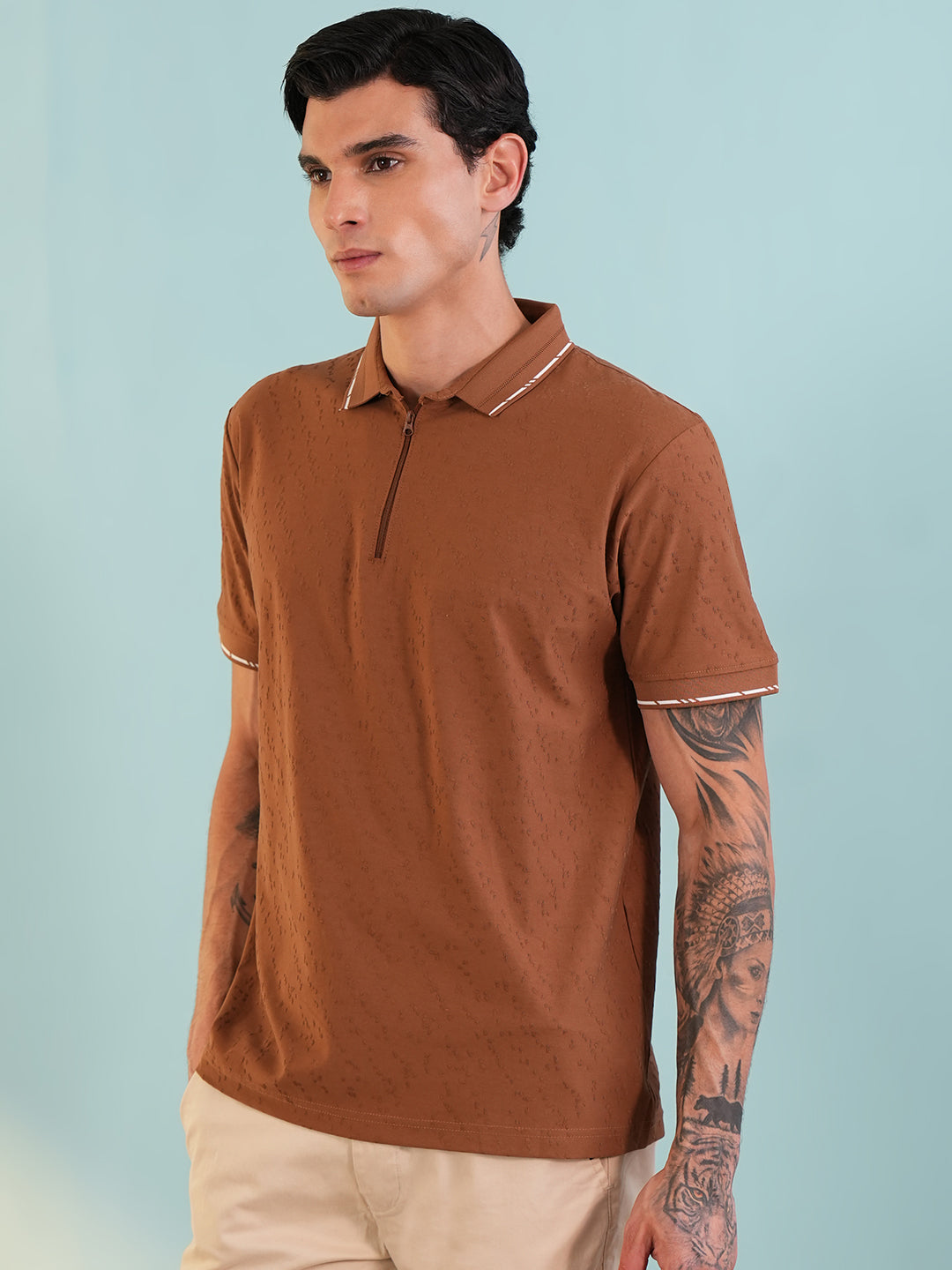 Men Textured Rust Zip Polo T-Shirt - Reprise
