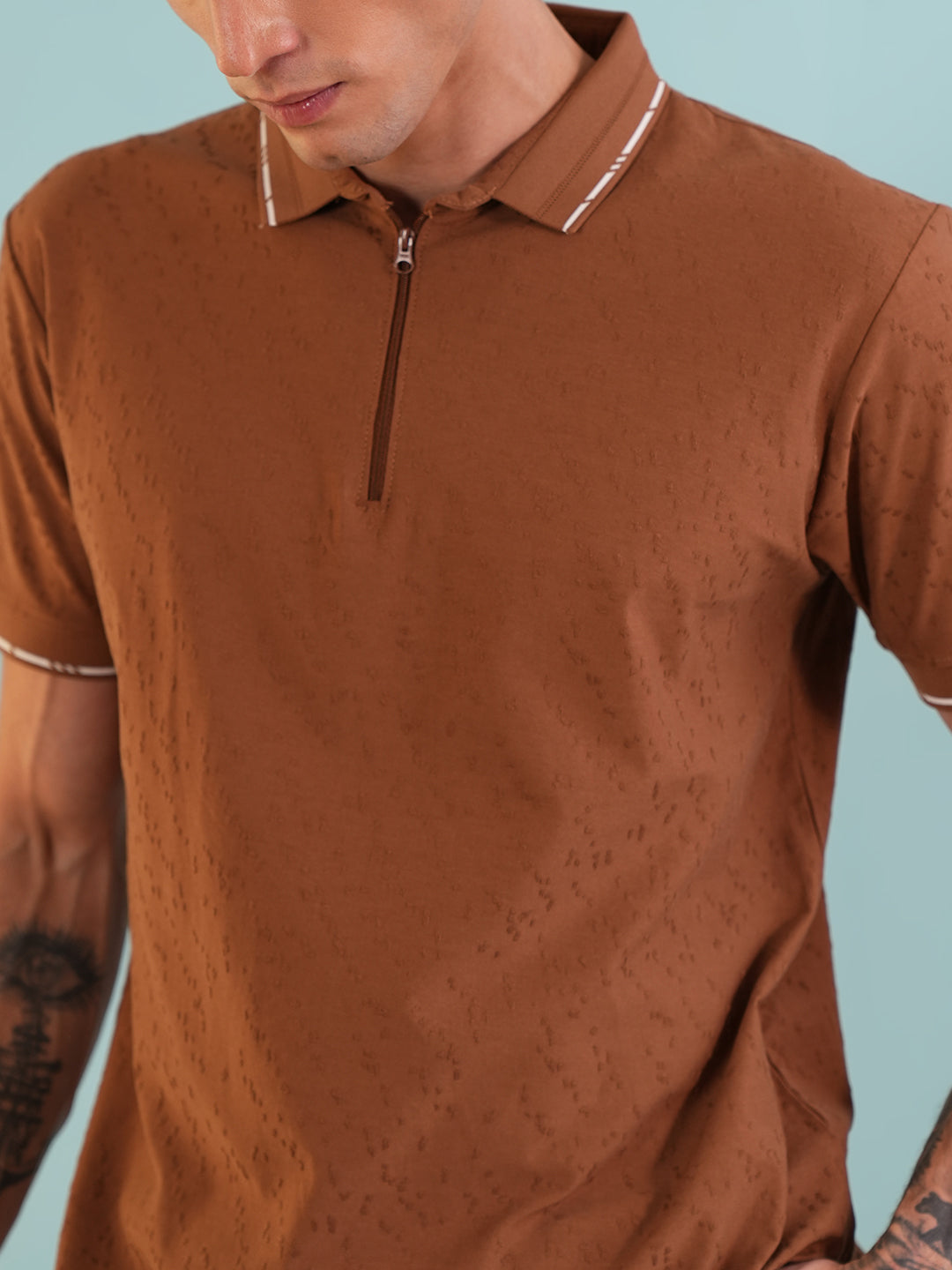 Men Textured Rust Zip Polo T-Shirt - Reprise