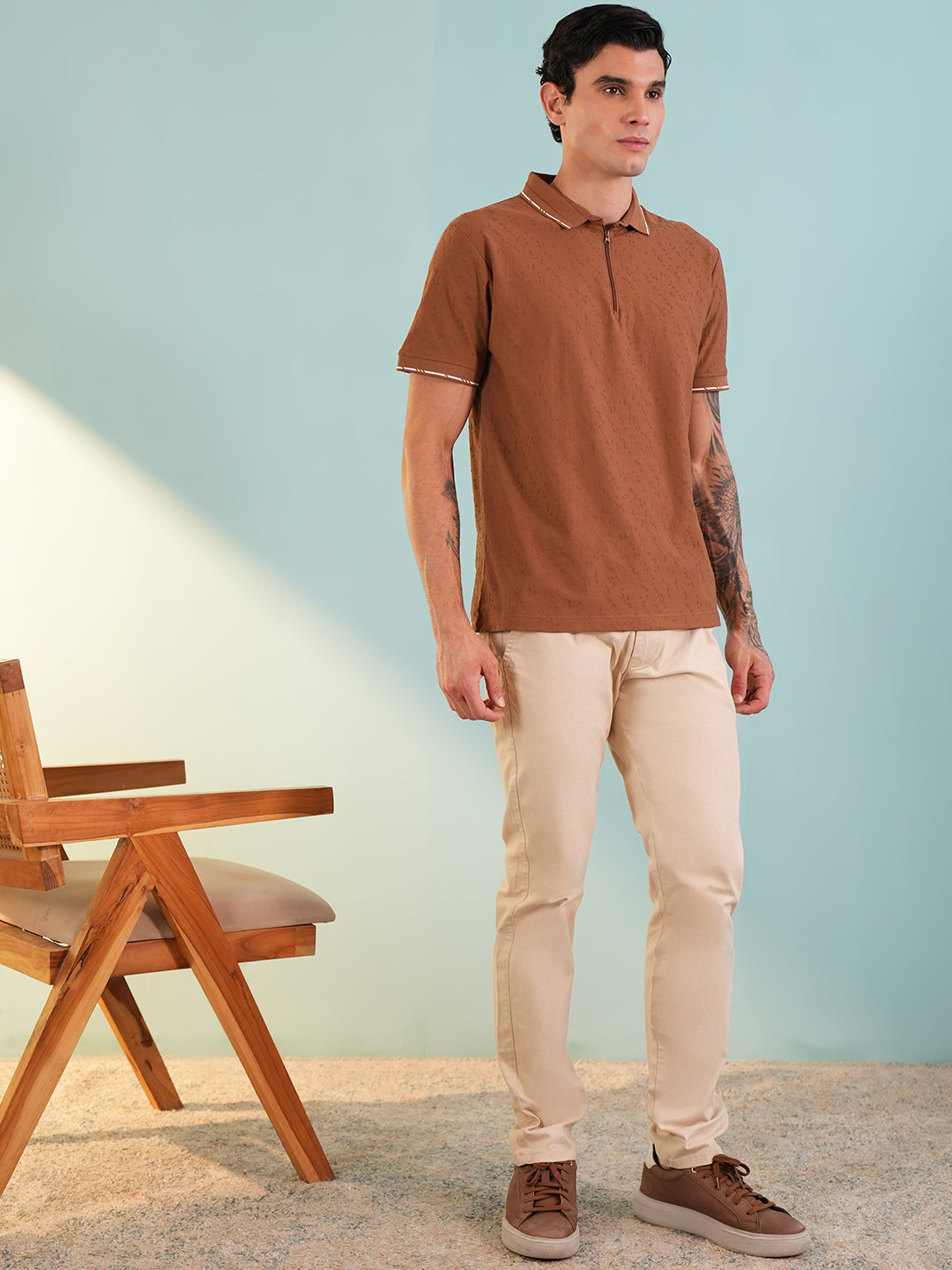 Men Textured Rust Zip Polo T-Shirt - Reprise