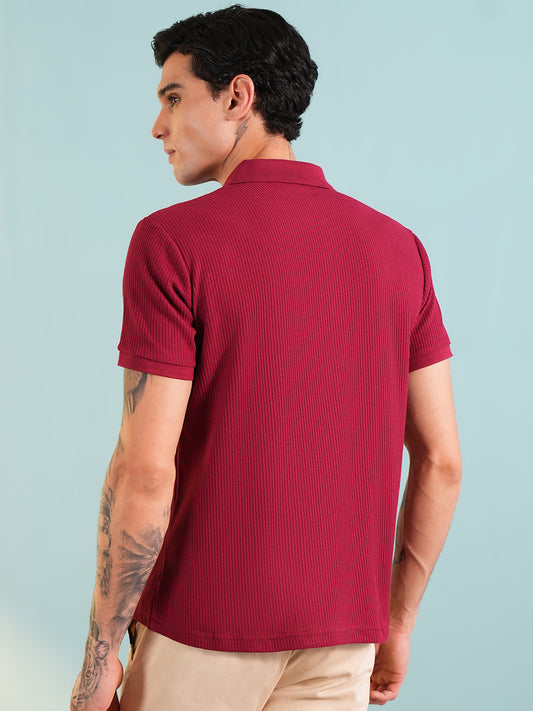 Men Textured Red Polo Front Open T-Shirt - Reprise