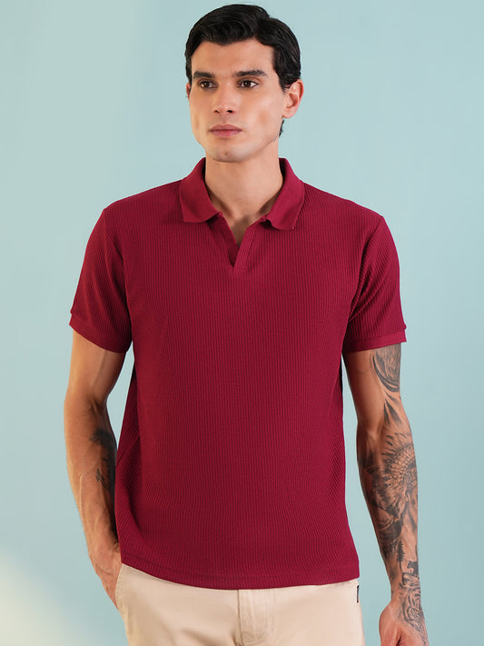 Men Textured Red Polo Front Open T-Shirt - Reprise