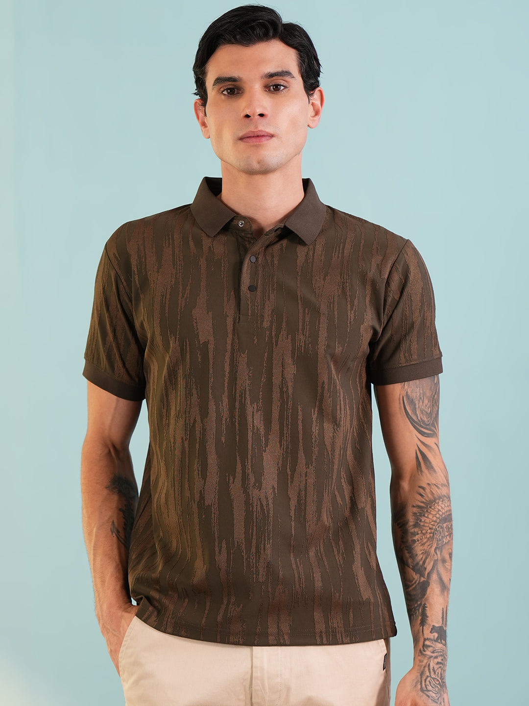 Men Textured Dark Brown Polo T-Shirt - Reprise