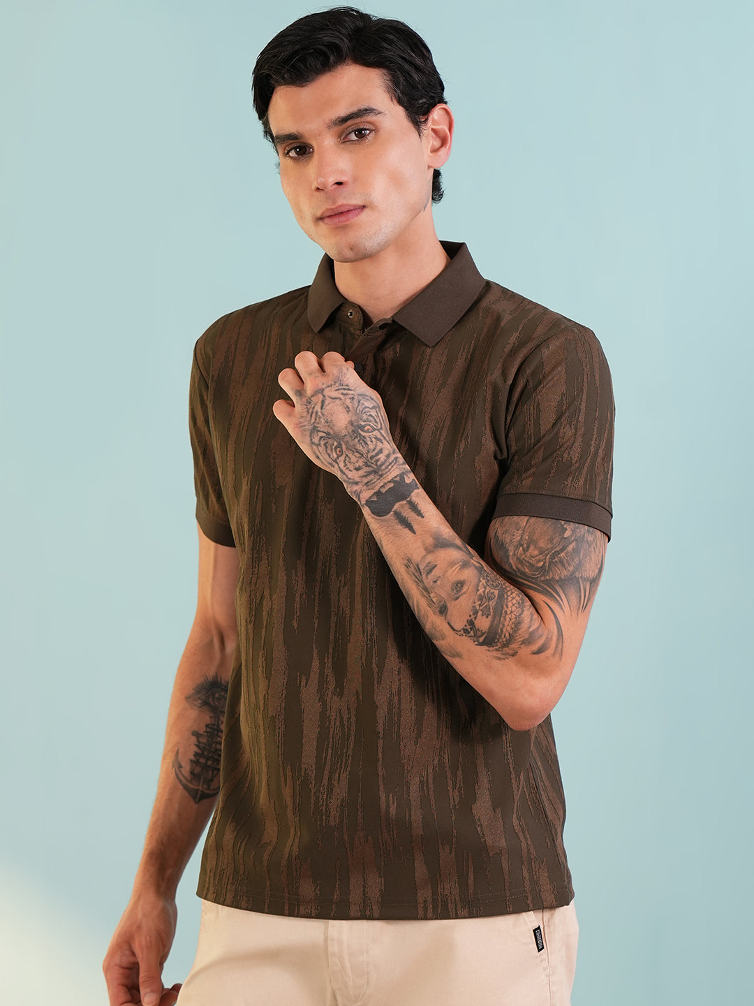 Men Textured Dark Brown Polo T-Shirt - Reprise