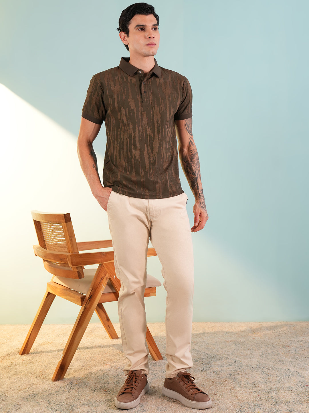 Men Textured Dark Brown Polo T-Shirt - Reprise