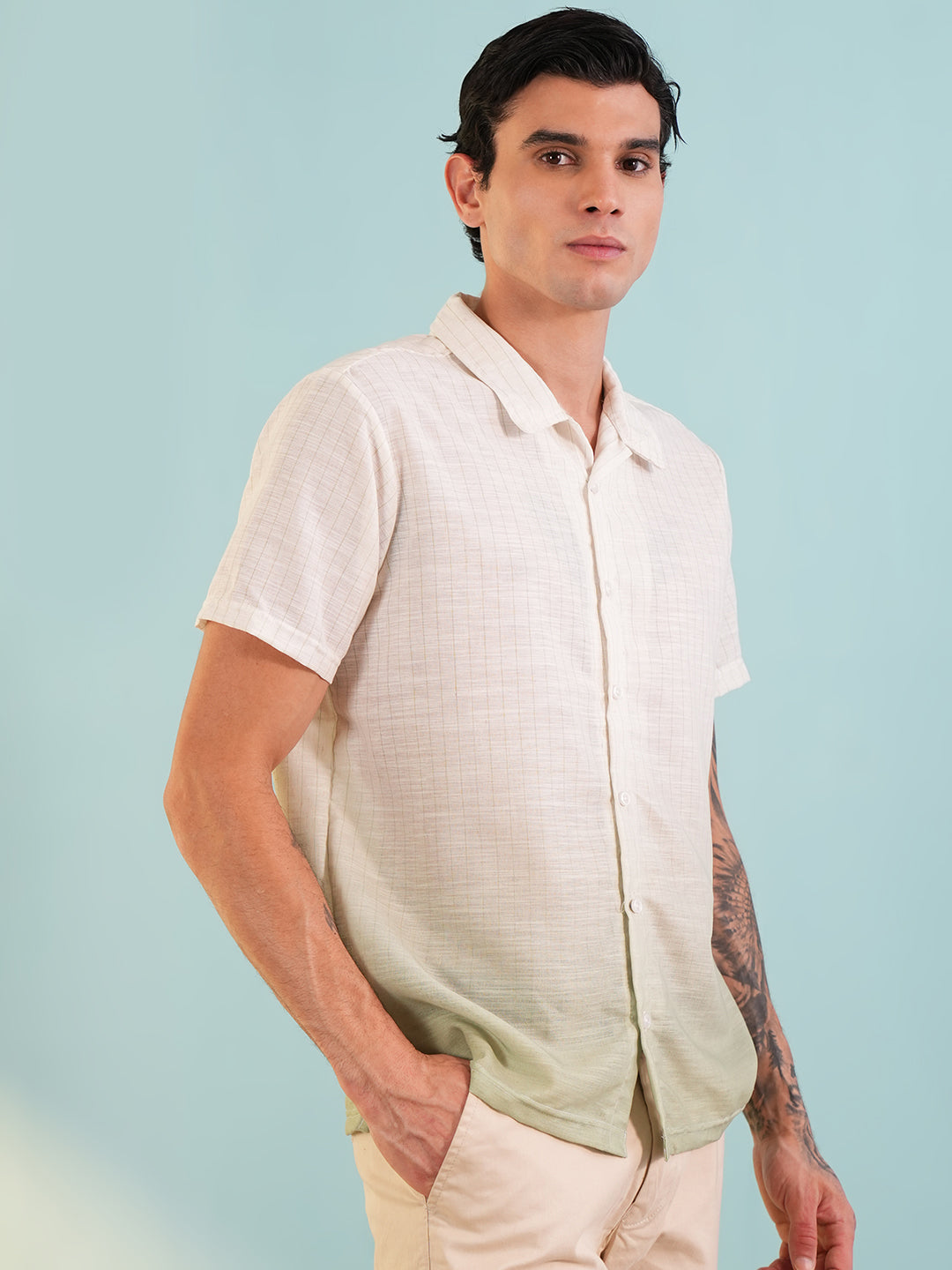Men Regular Fit Spread Collar Shirt Green - Reprise