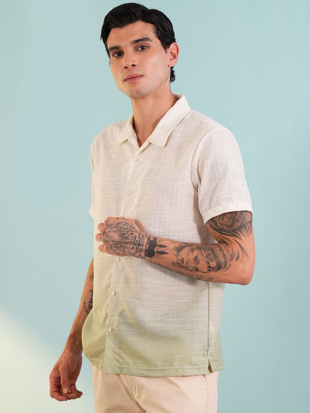 Men Regular Fit Spread Collar Shirt Green - Reprise