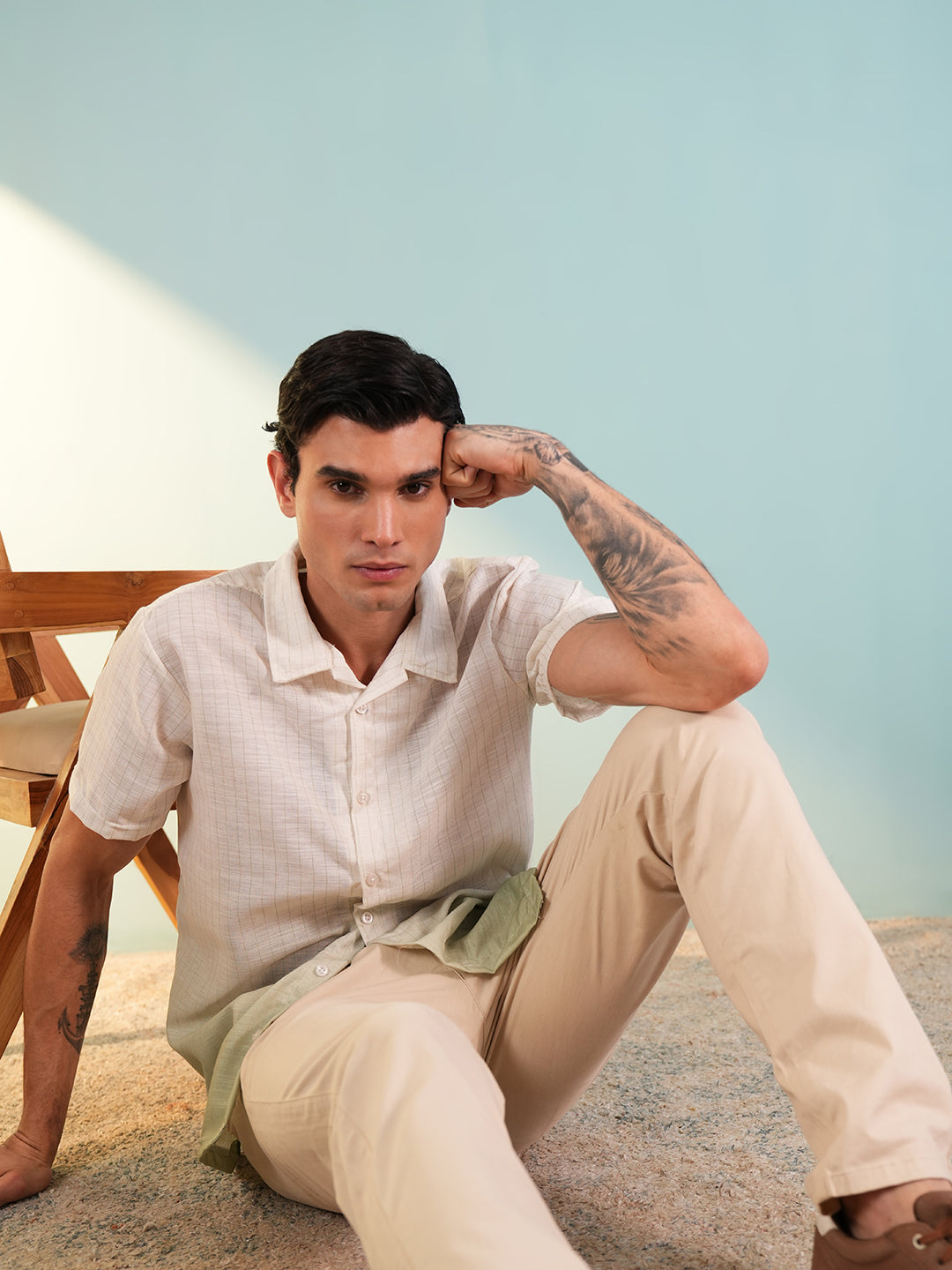 Men Regular Fit Spread Collar Shirt Green - Reprise