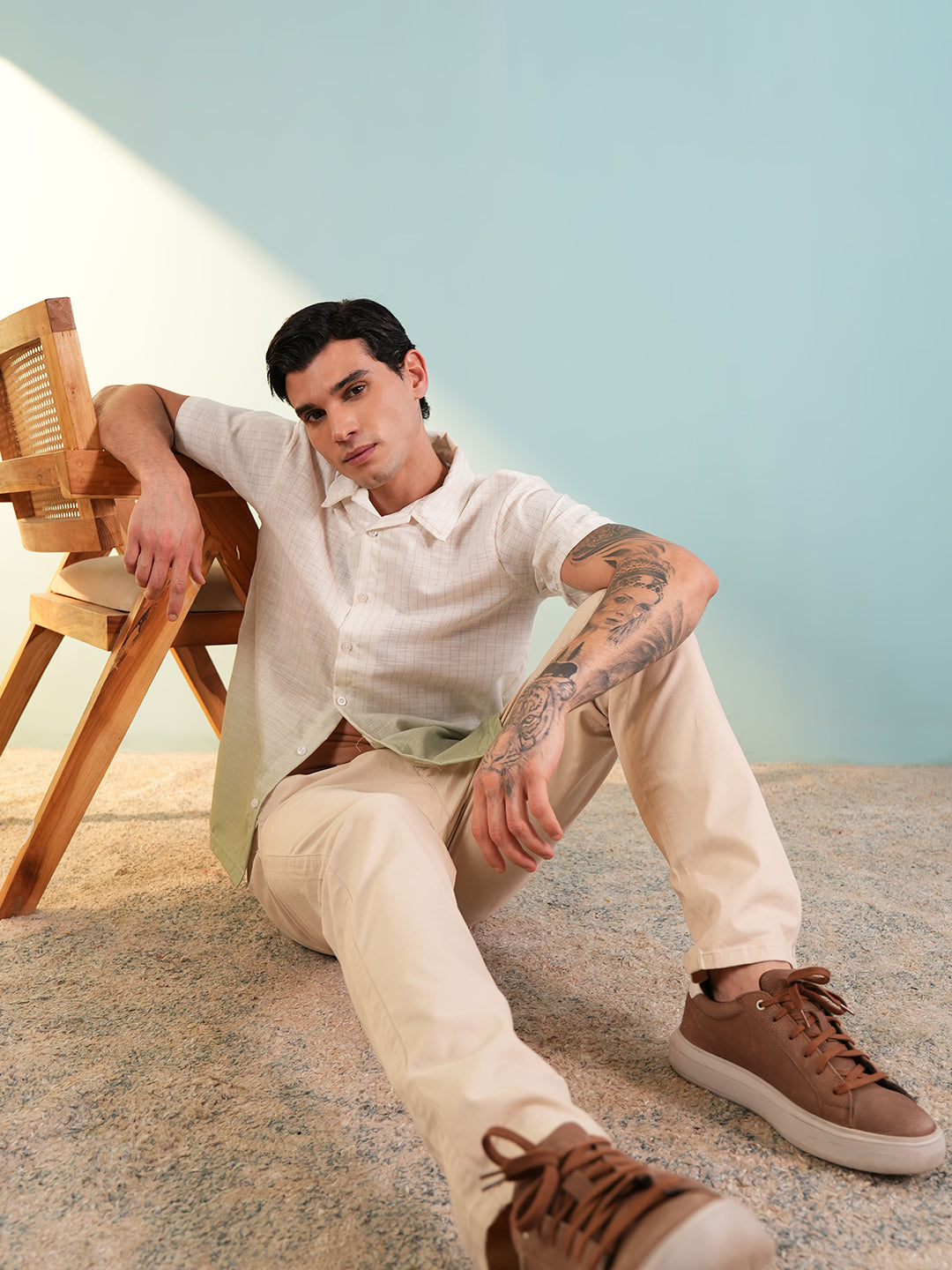 Men Regular Fit Spread Collar Shirt Green - Reprise
